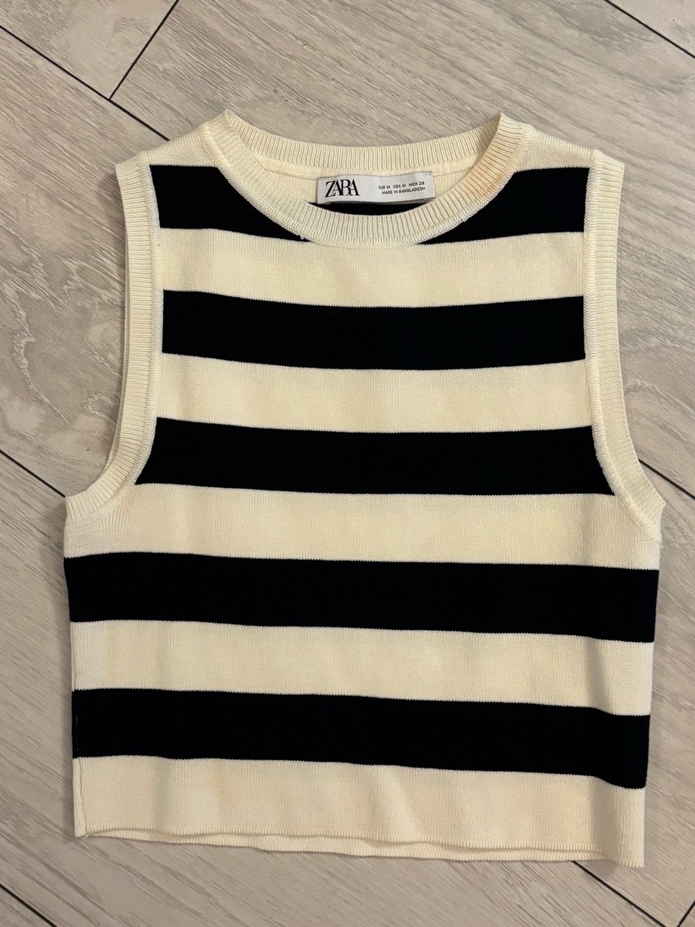 ZARA Black and Cream Striped Cropped Knit Tank